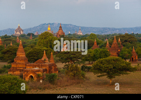 Vista della pianura di Bagan all'alba - BAGAN, MYANMAR Foto Stock