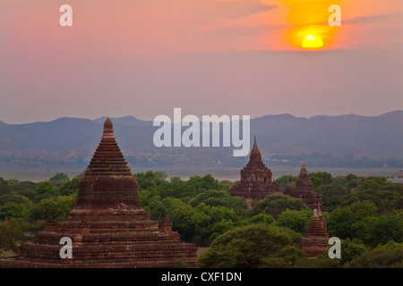 Vista dal tempio Shwesandaw Paya o al tramonto - BAGAN, MYANMAR Foto Stock
