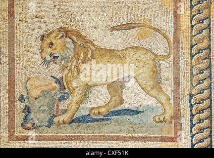 Mosaico romano di un leone con i tori di testa dentro il romano case a schiera, Patrimonio Mondiale UNESCO sito archeologico, Efeso Foto Stock