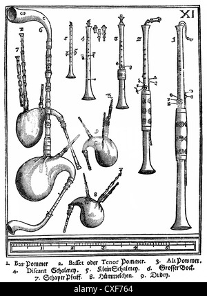 Bombarda shawms bombardano la ciaramella , musica letteratura teorica Syntagma Musicum, scrittura musicologica Michael Praetorius Foto Stock