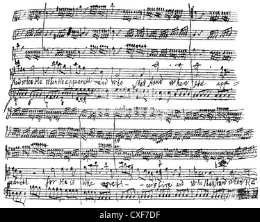 Storico di musica del foglio manoscritto di Georg Friedrich Haendel o George Frideric Handel, 1685 - 1759, un compositore anglo-tedesco Foto Stock