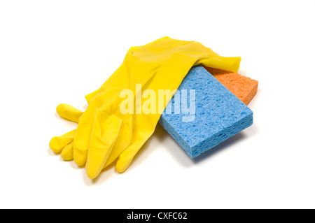Giallo guanti di gomma e spugne Foto Stock