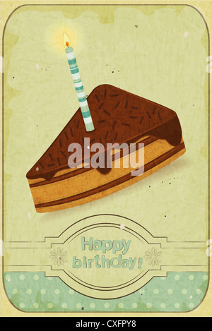 Retrò biglietto di auguri di compleanno - un pezzo di torta con una candela su vintage sfondo - Immagine Foto Stock