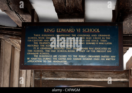 Segno a King Edward VI Grammar School, Stratford-upon-Avon, England, Regno Unito Foto Stock