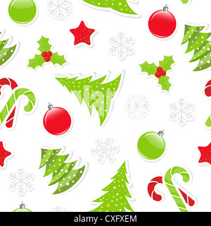Seamless pattern di Natale con alberi, candy canes ornamenti e i fiocchi di neve Foto Stock