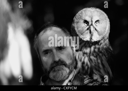 Falconer con scavando la civetta (Athene cunicularia) Foto Stock