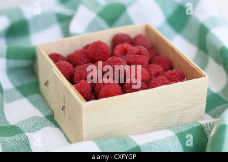 Una piccola scatola di legno riempita di lamponi. Foto Stock