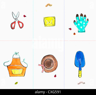 Una illustrazione di articoli di utensili da giardinaggio Foto Stock