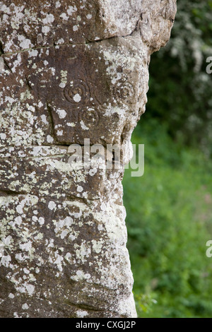 Cup e intagli ad anello in una scogliera a strapiombo sul fiume Coquet a Morwick in Northumberland Foto Stock