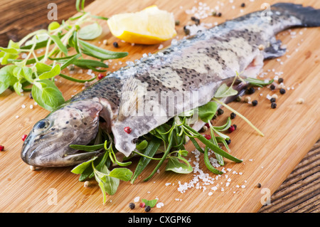 La trota arcobaleno farcite con le erbe fresche Foto Stock