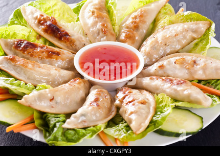 Gyoza serviti sulla piastra con insalata Foto Stock