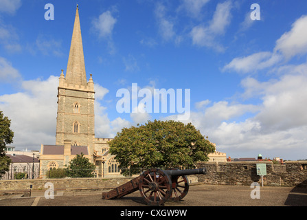 Il cannone sulle pareti da Saint Columb la cattedrale di guglia della chiesa all'interno di città murata di Derry Co Londonderry Irlanda del Nord Regno Unito Foto Stock