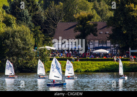 Piccole barche a vela sul lago Baldeneysee, un serbatoio di fiume Ruhr, Essen, Germania. Foto Stock