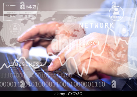 Business persona che lavora sul computer. Sfondo tecnologico Foto Stock