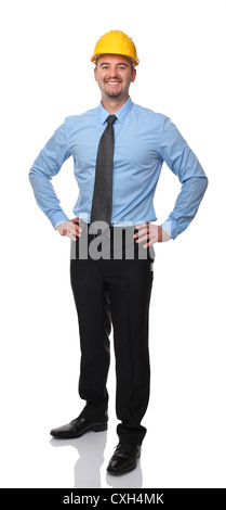 Ritratto di lavoratore con casco giallo Foto Stock