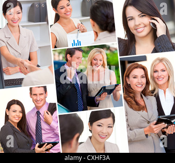 Attraenti uomini donne imprenditori e imprenditrici montage su telefoni cellulari e computer portatili, tablet pc Riunione team Foto Stock