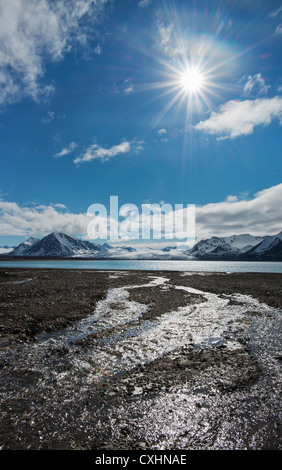 Sun su meltstream, Engelsbukta, Svalbard artico, Norvegia Foto Stock