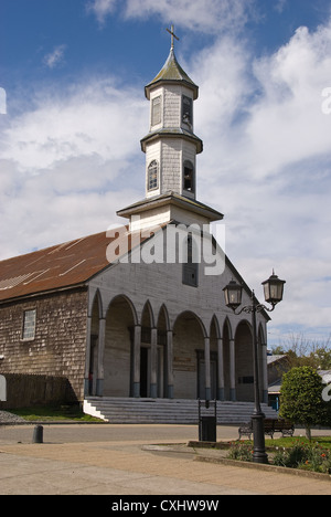 Elk198-3717v Cile, Isola di Chiloe, Dalcahue, Iglesia de Nuestra Senora de los Dolores chiesa 1858 Foto Stock