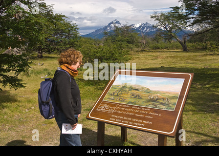 Elk198-4243 Cile, Puerto Natales, Caverna di Milodon, modello rilasciato visitatore segno di lettura Foto Stock