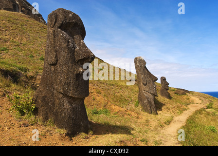 Elk198-5257 Cile, Isola di Pasqua, Rano Raraku, moai statue Foto Stock