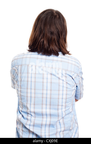 Vista dal lato posteriore dei capelli lunghi Uomo in camicia, isolati su sfondo bianco. Foto Stock