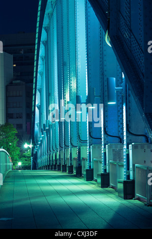 Percorso pedonale lungo l'arco metallico struttura del ponte della città illuminata di notte Foto Stock