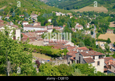 Vista aerea del vecchio villaggio di Cordes-sur-Ciel nel sud della Francia, Midi Pyrénées regione, Dipartimento del Tarn Foto Stock