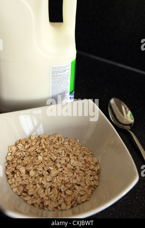 Ciotola di porridge di avena e un cartone di latte Foto Stock