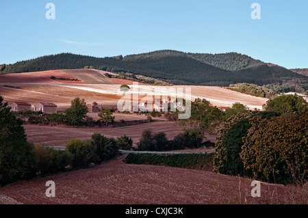 Arata e seminata paesaggio di campagna con cespugli di alberi e le case con la montagna e le foreste in background in Berceo La Rioja, Spagna, Europa Foto Stock