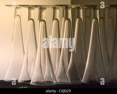 Bicchieri da cocktail in cristallo capovolta su uno scaffale illuminato in un bar pronto per l'uso Foto Stock