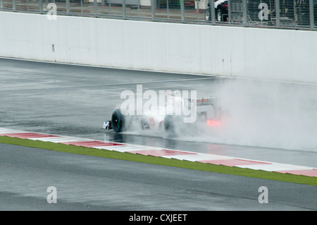 Auto di Formula Uno in azione sotto la pioggia Foto Stock