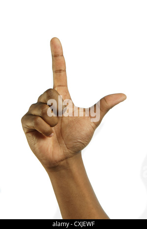African la mano con il dito indice rivolto verso l e il pollice proteso al segnale numero uno Foto Stock