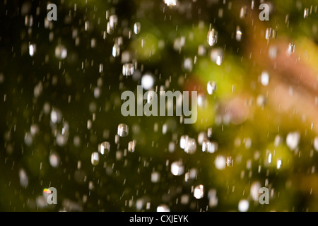 Immagine di sfocatura creativa astratta di pioggia pesante e gocce di pioggia che cadono in un giardino estivo in Inghilterra Foto Stock