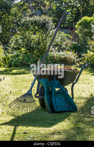 Carriola piena di scarti da giardino /detriti con rastrello e collezionisti di foglia in tarda estate o inizio autunno giardino. Gloucestershire REGNO UNITO Foto Stock