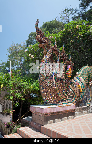 Naga (sette con testa di serpente) decorazione sulla balaustra, Wat Phrathat Doi Suthep, Chiang Mai Provincia, Thailandia Foto Stock