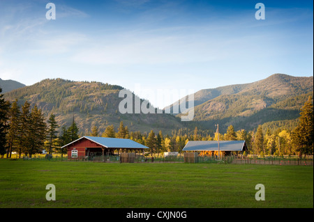 Un cavallo western ranch immerso nelle colline del nord Le Cascade Mountains lungo l'Autostrada 20 in stato di Washington orientale. Foto Stock