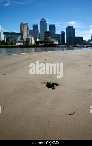 Vista sul Fiume Tamigi a Canary Wharf dalla sabbiosa foreshore di Rotherhithe, London, Regno Unito Foto Stock