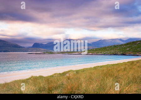 Erba dune coperte, suono di Taransay, Traigh Rosamal, Isle of Harris, Ebridi Esterne, Scozia Foto Stock