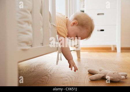 Baby girl raggiungendo fuori del presepio per ottenere giocattolo imbottito Foto Stock