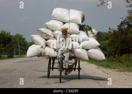 Il triciclo rickshaw rider con carico pesante. Il Nepal Foto Stock