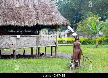 Ragazzo giovane indossando il tradizionale Yonki outfit tribali in un piccolo villaggio nella valle di Erap, Papua Nuova Guinea Foto Stock