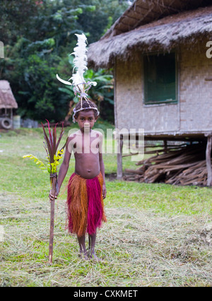 Ragazzo giovane indossando il tradizionale Yonki outfit tribali in un piccolo villaggio nella valle di Erap, Papua Nuova Guinea Foto Stock