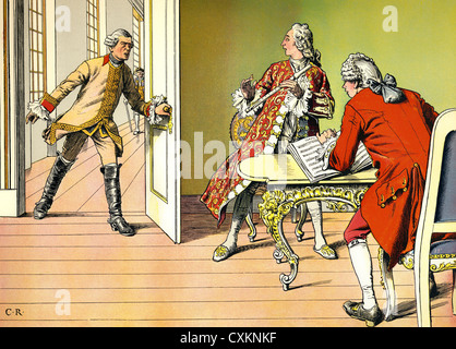 Federico Guglielmo I di Prussia interrompendo il giovane principe ereditario Federico e il sig. Quantz, il suo insegnante di musica di lezione di flauto Foto Stock