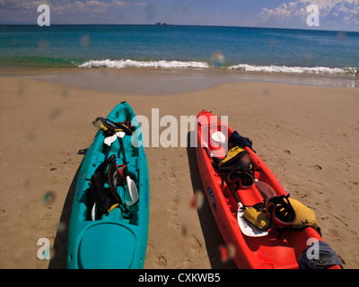 Due colori del mare Canoe sulla spiaggia nella baia di Byron Foto Stock