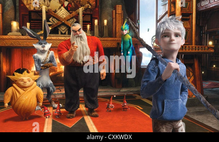 Aumento dei guardiani 2012 DreamWorks Animation film. Da l: Sandman, Pasqua Bunney, Nicholas St Nord, dente fata, Jack Frost Foto Stock