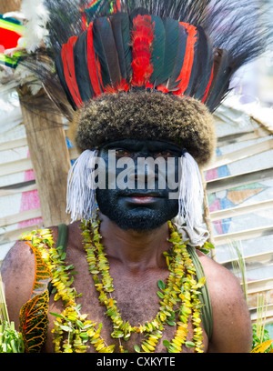 Ritratto di un uomo vestito in tradizionali abiti tribali di Goroka Show, un festival annuale in Papua Nuova Guinea Highlands Foto Stock