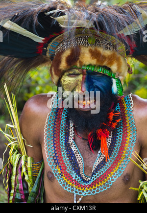 Ritratto di un uomo con il suo volto dipinto e indossando abiti tribali al singsing Festival Goroka, Papua Nuova Guinea Foto Stock