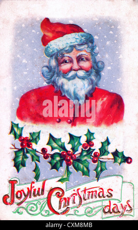 Gioiosa i giorni di Natale - Santa Claus e Holly su Vintage Scheda di Natale Foto Stock