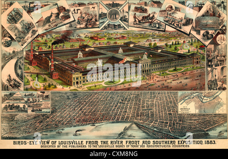 Mappa Birds Eye view di Louisville dal fronte fiume e Esposizione Sud, 1883. Foto Stock