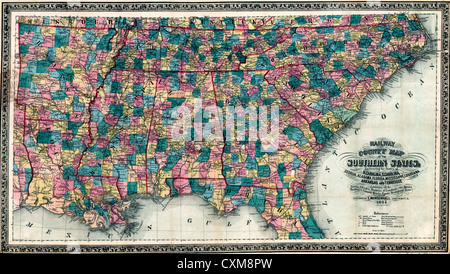 La stazione ferroviaria e la County Map Stati del sud degli Stati Uniti d'America, 1864 Foto Stock